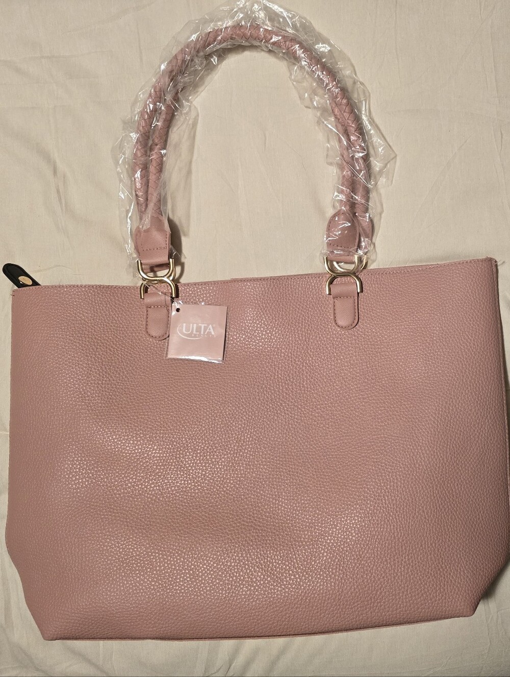 NWT Ulta Beauty Pebbled Faux Leather Tote Bag Dusty Rose Braided Handles Boho